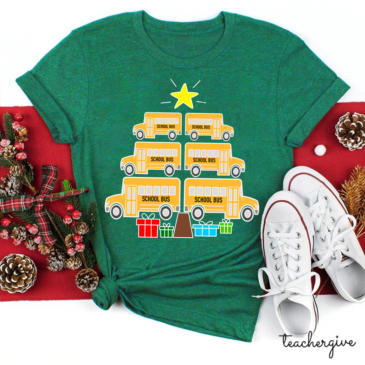 Our School Bus Deliver Christmas Presents Also Teacher T-Shirt