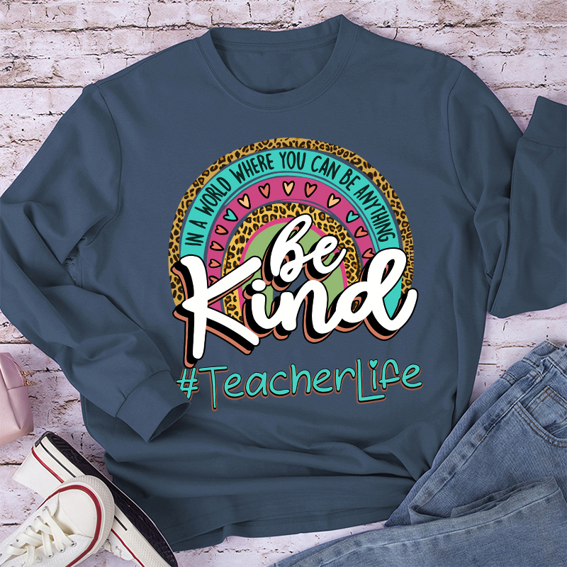 Be Kind Leopard Print Rainbow Long Sleeve T-Shirt