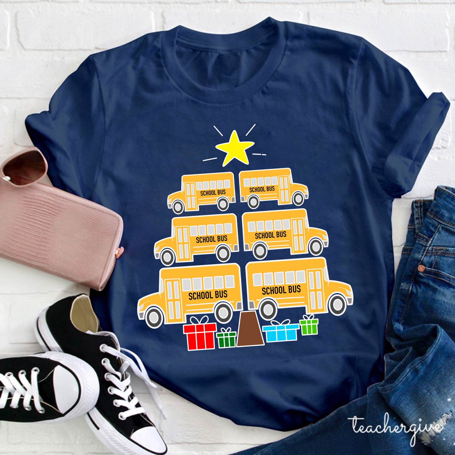 Our School Bus Deliver Christmas Presents Also Teacher T-Shirt