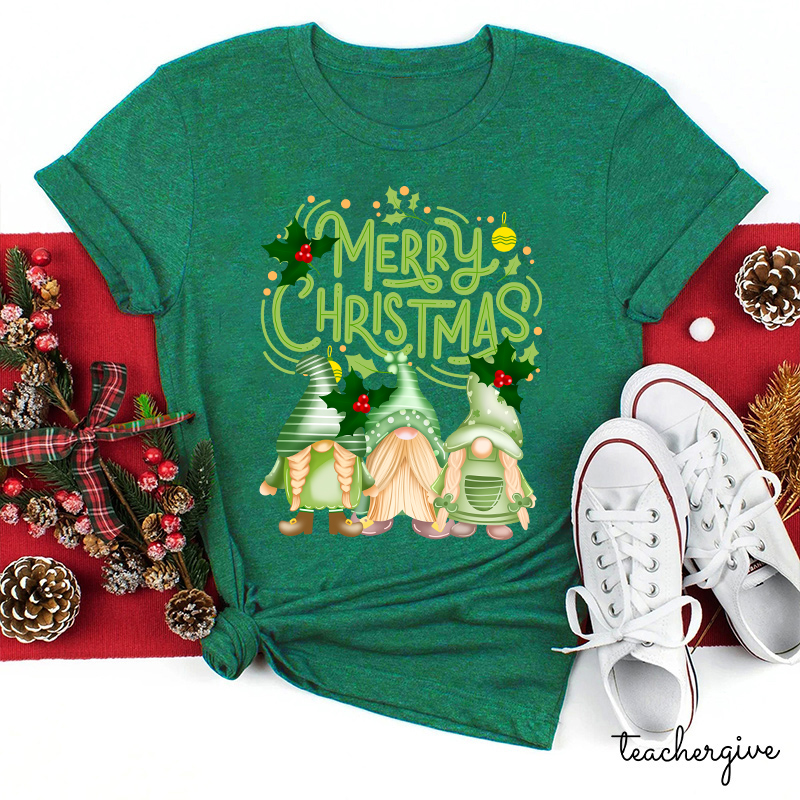Merry Christmas Three Green Gnomes Teacher T-Shirt