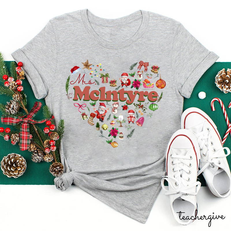 Personalized Christmas Love Heart Teacher T-Shirt