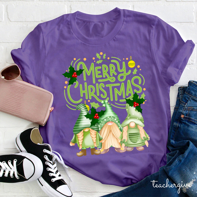 Merry Christmas Three Green Gnomes Teacher T-Shirt