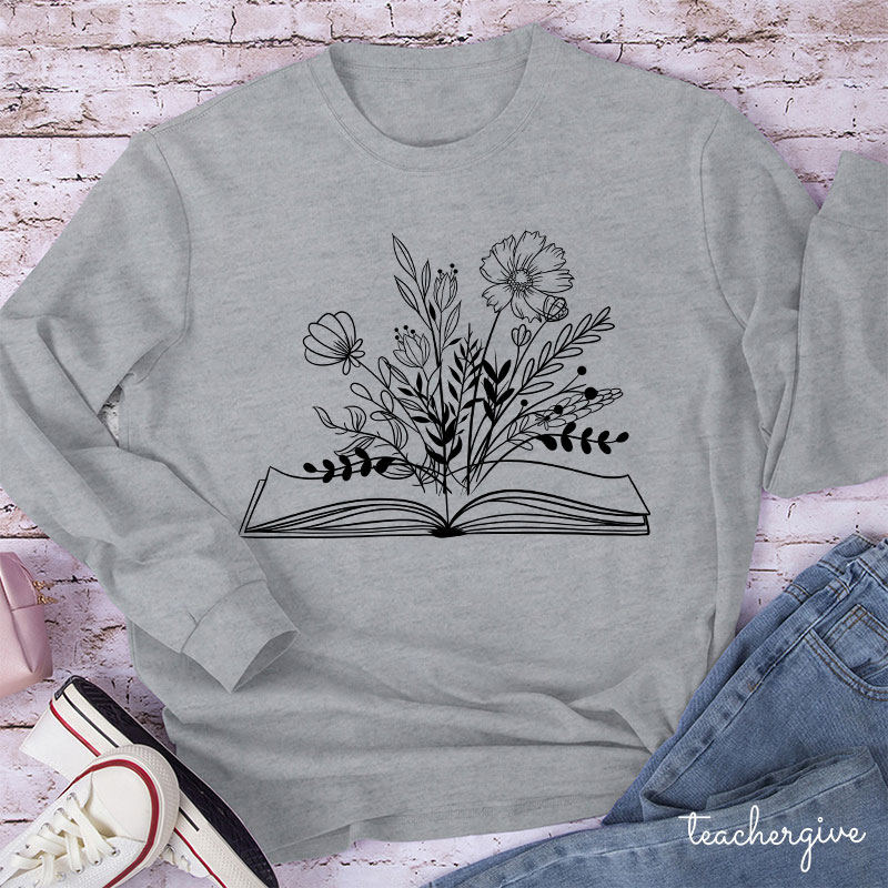 Flowers Book Teacher Long Sleeve T-Shirt