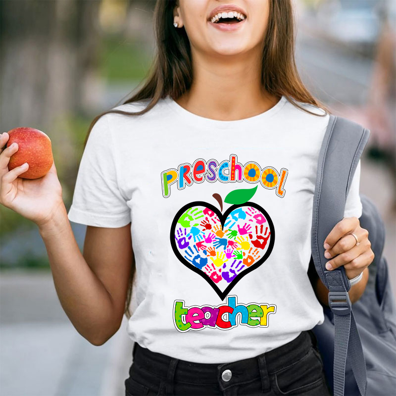 Personalized Colorful Little Hands Form A Love Heart Teacher T-Shirt