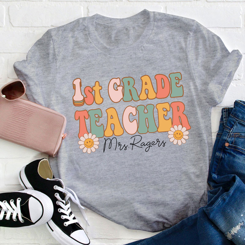 Personalized Pink Flowers Teacher T-Shirt