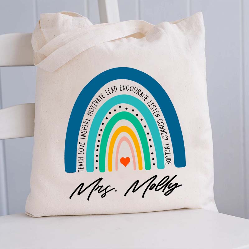 Personalized Teach Love Inspire Motivate Lead Encourage Listen Connect Include Teacher Tote Bag