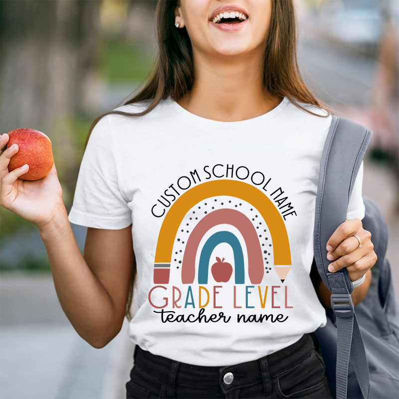 Personalized Name Rainbow Apple Teacher T-Shirt