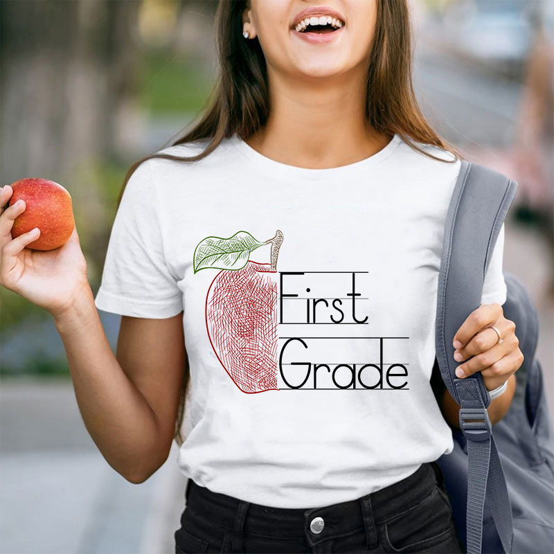 Personalized Grade Half Of Red Apple Teacher T-Shirt