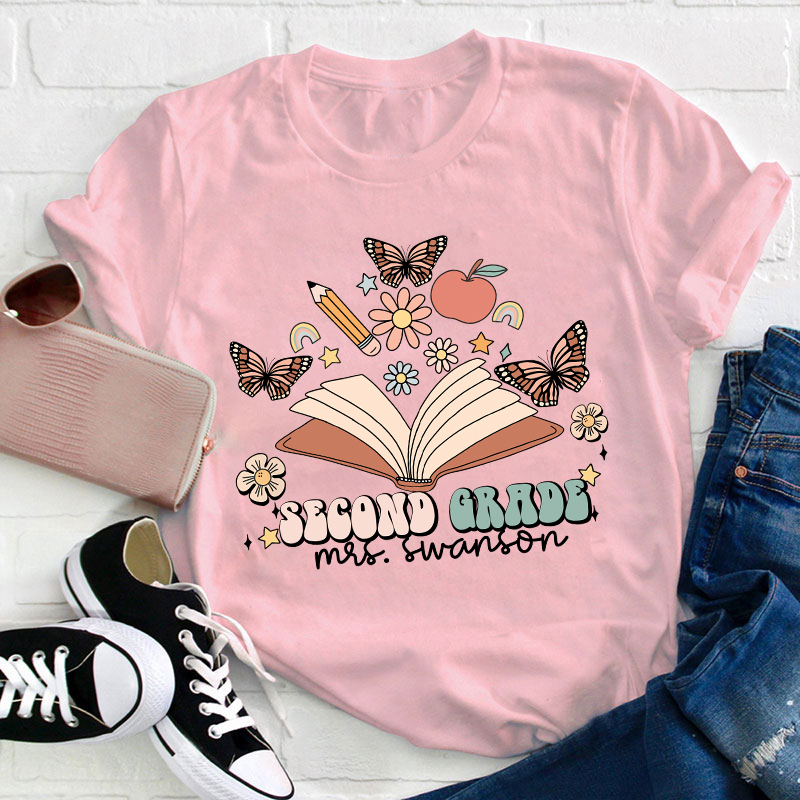 Personalized Name And Grade Books Flowers Butterflies Teacher T-Shirt