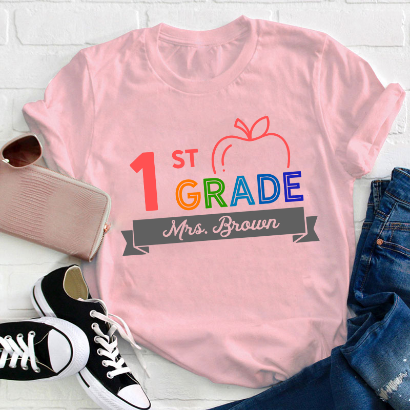 Personalized Name And Grade Apple Contracted Design Teacher T-Shirt