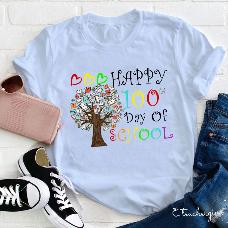 Happy 100 Day Of School Book Tree Teacher T-Shirt