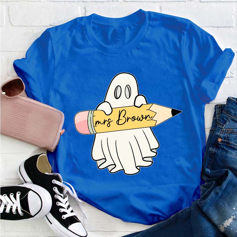 Personalized Name Halloween Ghost Holding A Pencil Teacher T-Shirt