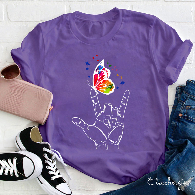 Love Sign Language Autism Butterfly Teacher T-Shirt