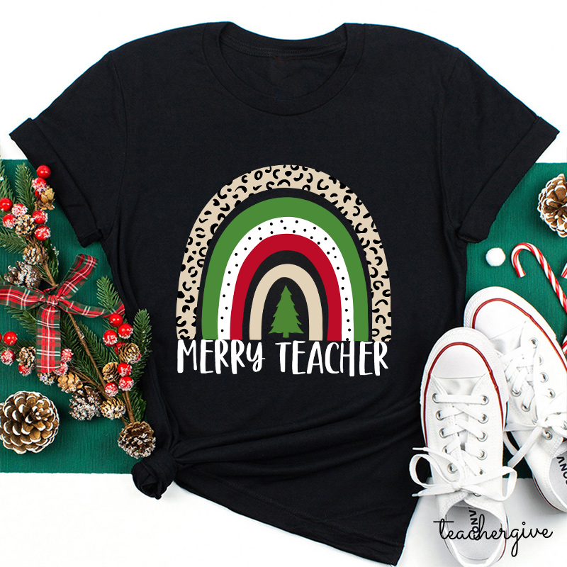 Merry Teacher Christmas Vibes Rainbow Teacher T-Shirt
