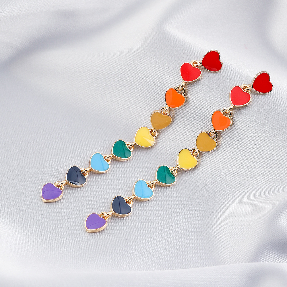 Rainbow Colors Hearts Tassel   Metal Earrings