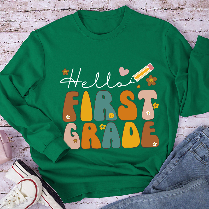 Personalized Hello First Grade Cartoon Letters Long Sleeve T-Shirt