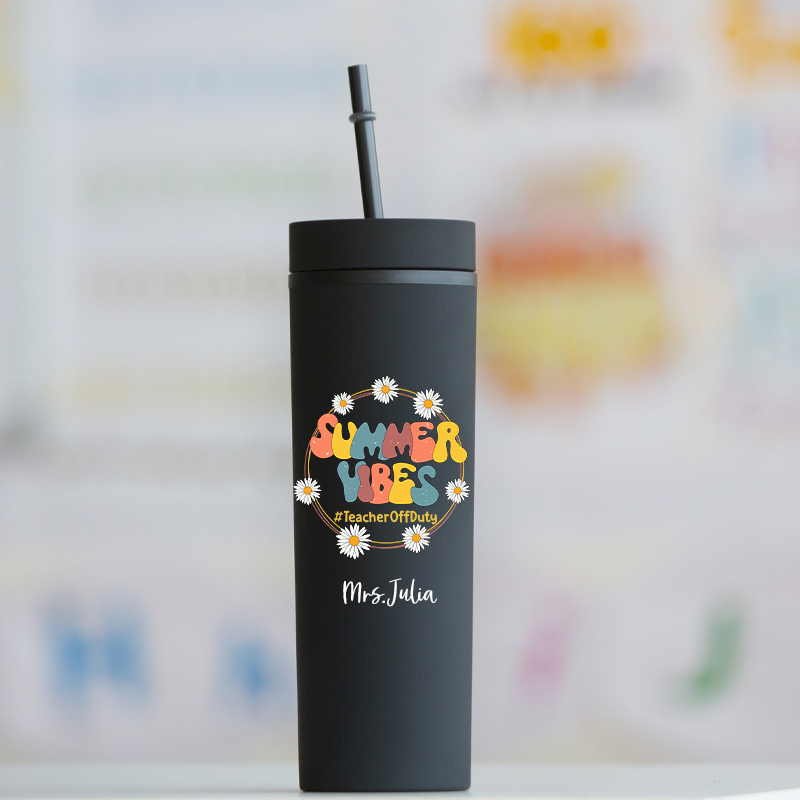 Personalized Summer Vibes Teacher Off Duty Skinny Tumbler