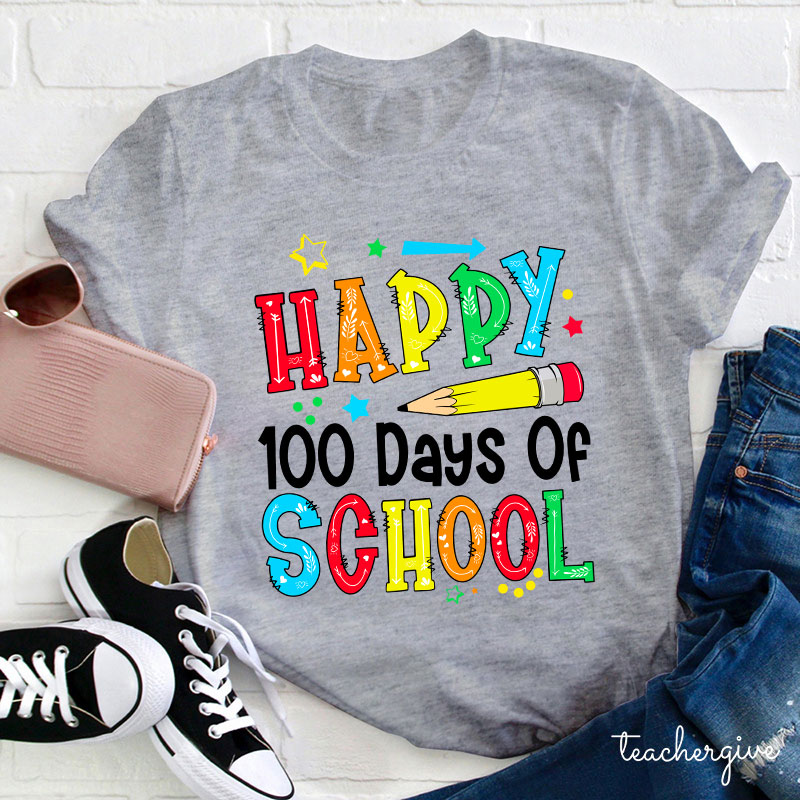 Pencil Happy 100 Days Of School Starry Teacher T-Shirt