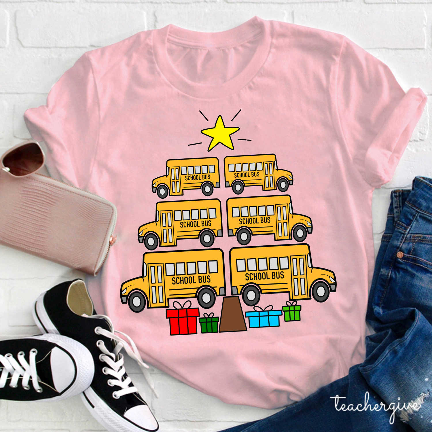 Our School Bus Deliver Christmas Presents Also Teacher T-Shirt