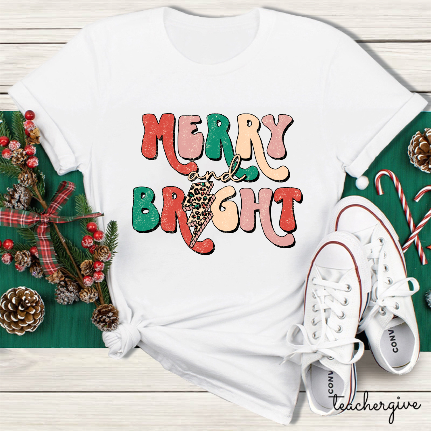 Merry And Bright Leopard Teacher T-Shirt