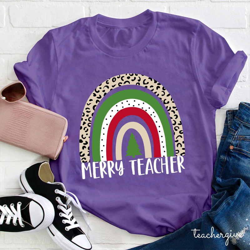 Merry Teacher Christmas Vibes Rainbow Teacher T-Shirt