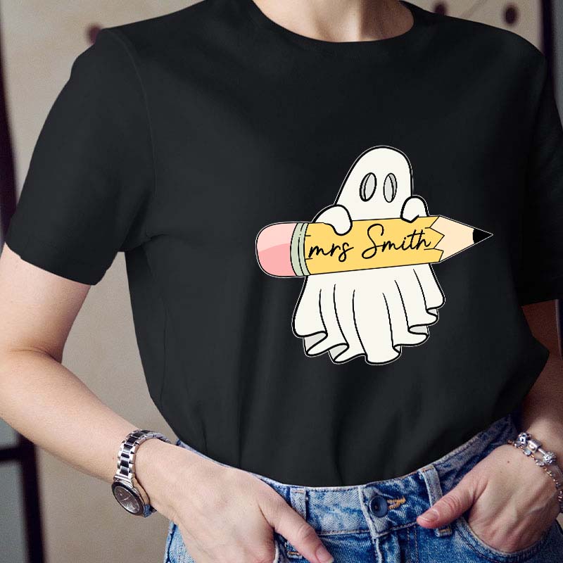 Personalized Name Halloween Ghost Holding A Pencil Teacher T-Shirt