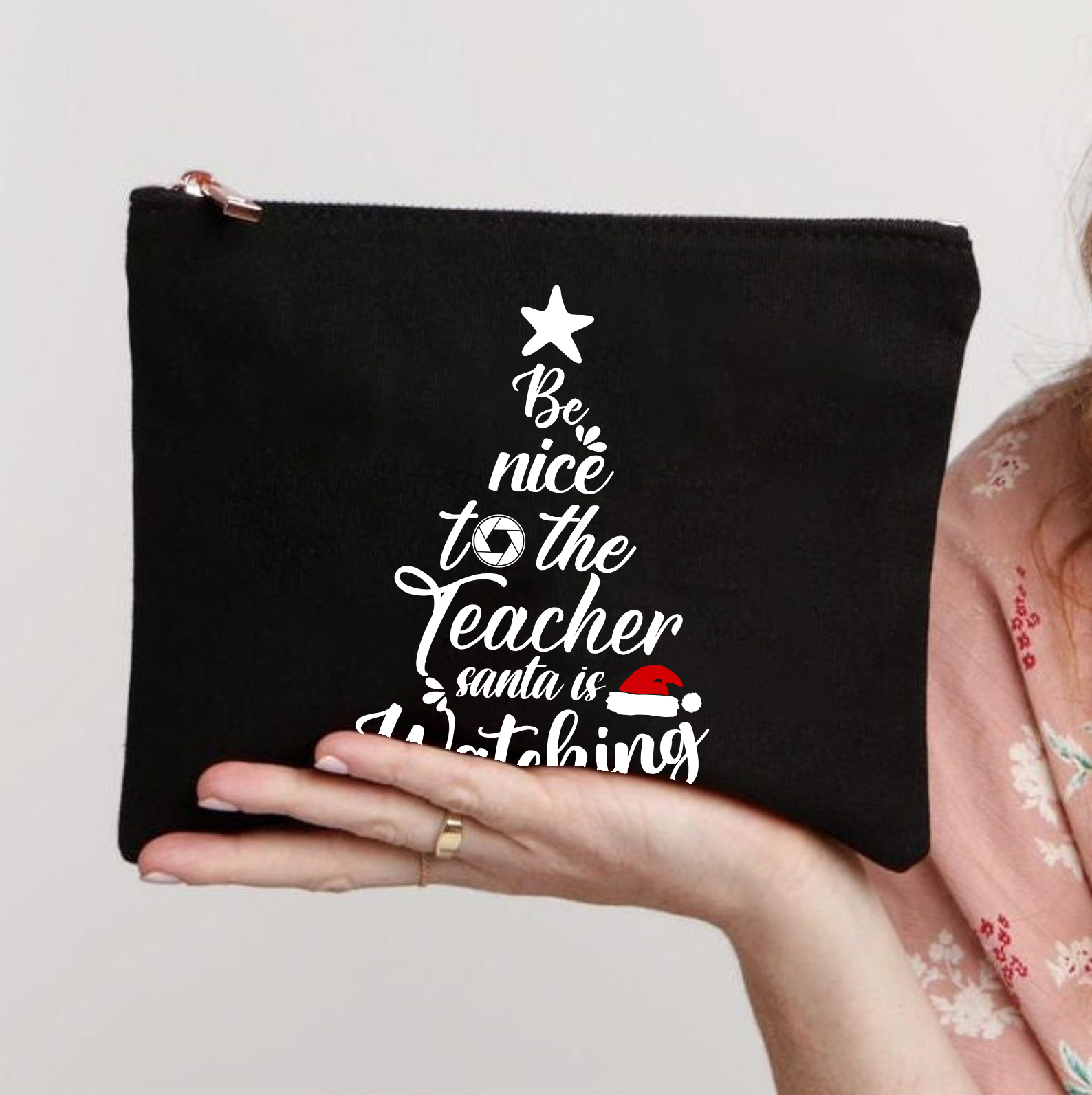 Be Nice To The Teacher Santa Is Watching Christmas Tree Makeup Bag