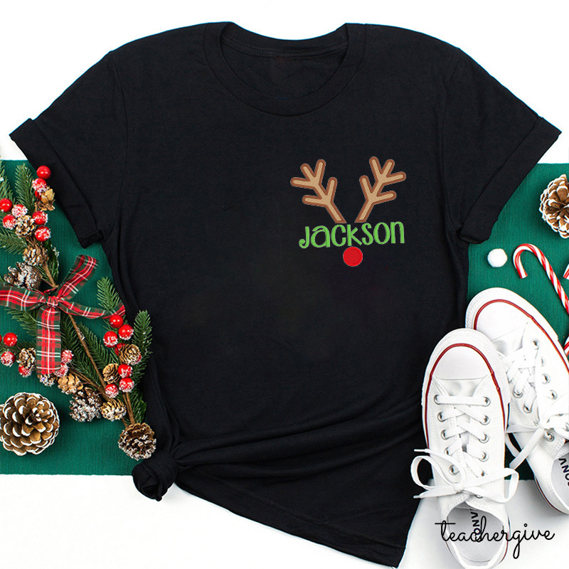 Personalized Reindeer Name Teacher Embroidery T-Shirts