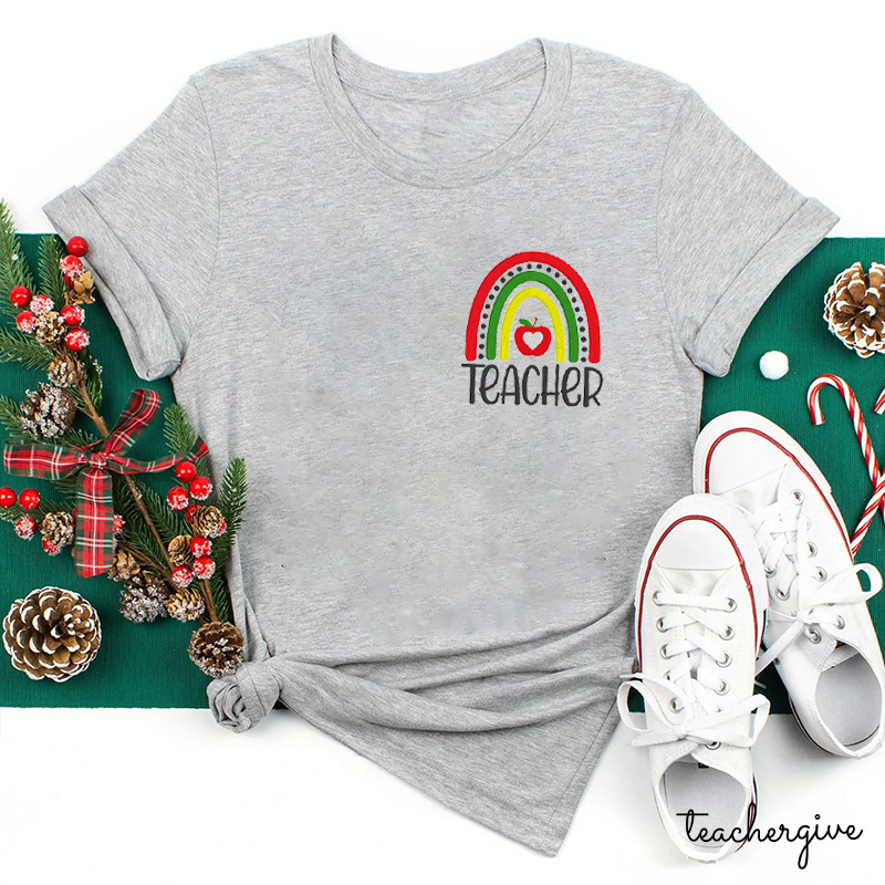 Rainbow And Apple Teacher Embroidery T-Shirts