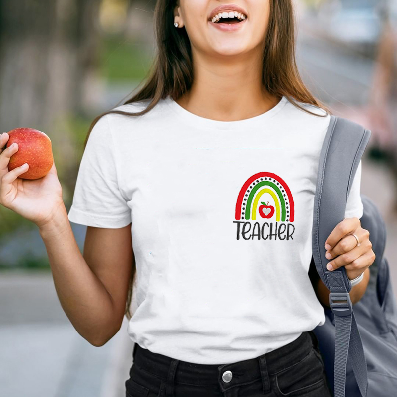 Rainbow And Apple Teacher Embroidery T-Shirts