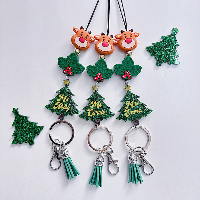 Personalized Christmas Elk And Tree Teacher Lanyard