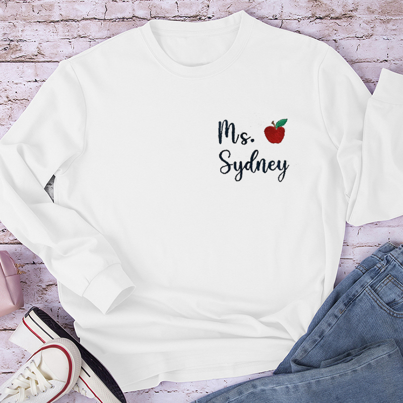 Teachergive | Personalized Apple Teacher Name Teacher Embroidery Long  Sleeve T-Shirt sale