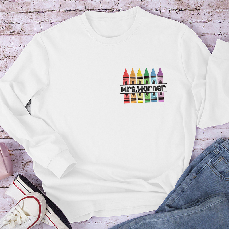 Personalized Colorful Caryons Teacher Embroidery Long Sleeve T-Shirt