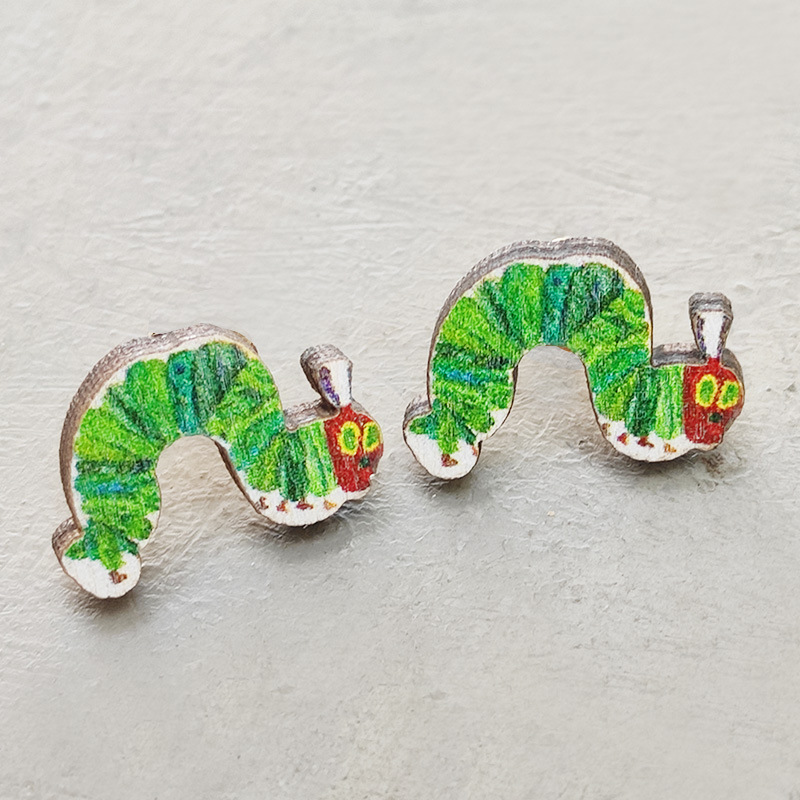 Green Caterpillar Teacher Wooden Earrings