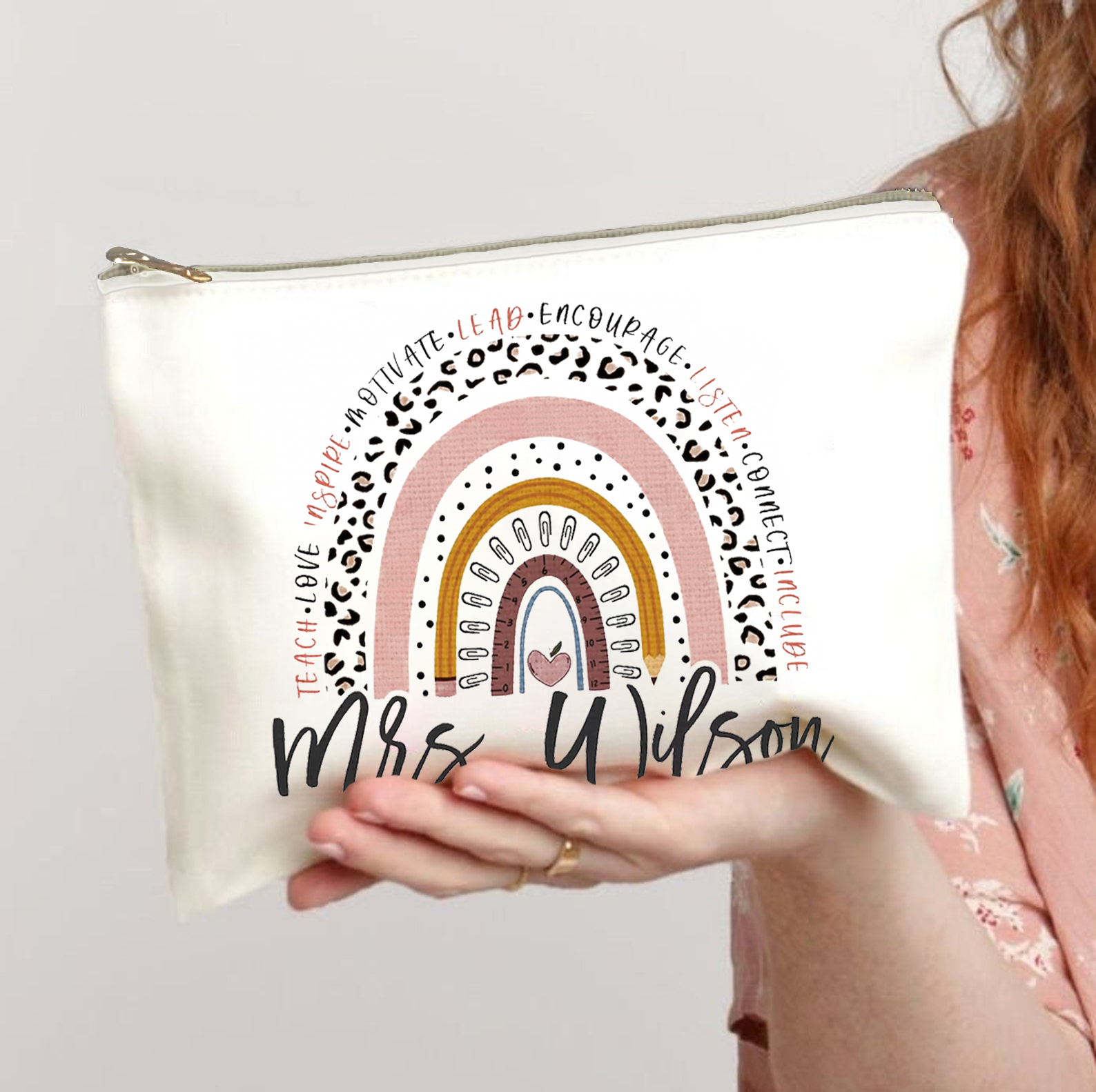 Personalized Teach Love Inspire Motivate Lead Encourage Listen Connect Include Teacher Makeup Bag