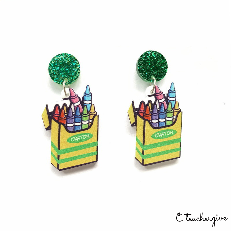 Green Box Crayon Teacher Acrylic Earrings