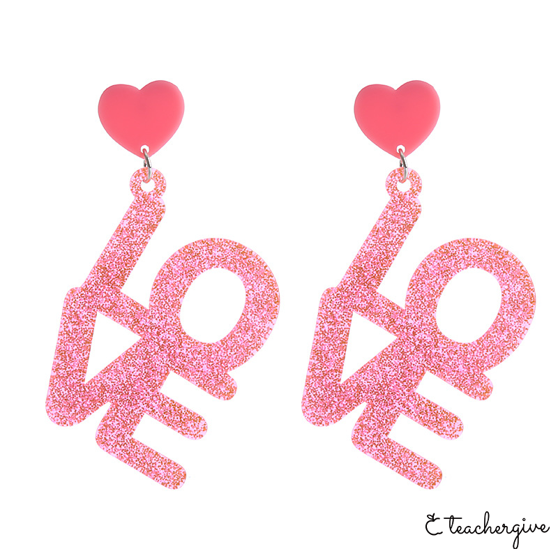 Glitter Pink Love Letters Teacher Acrylic Earrings
