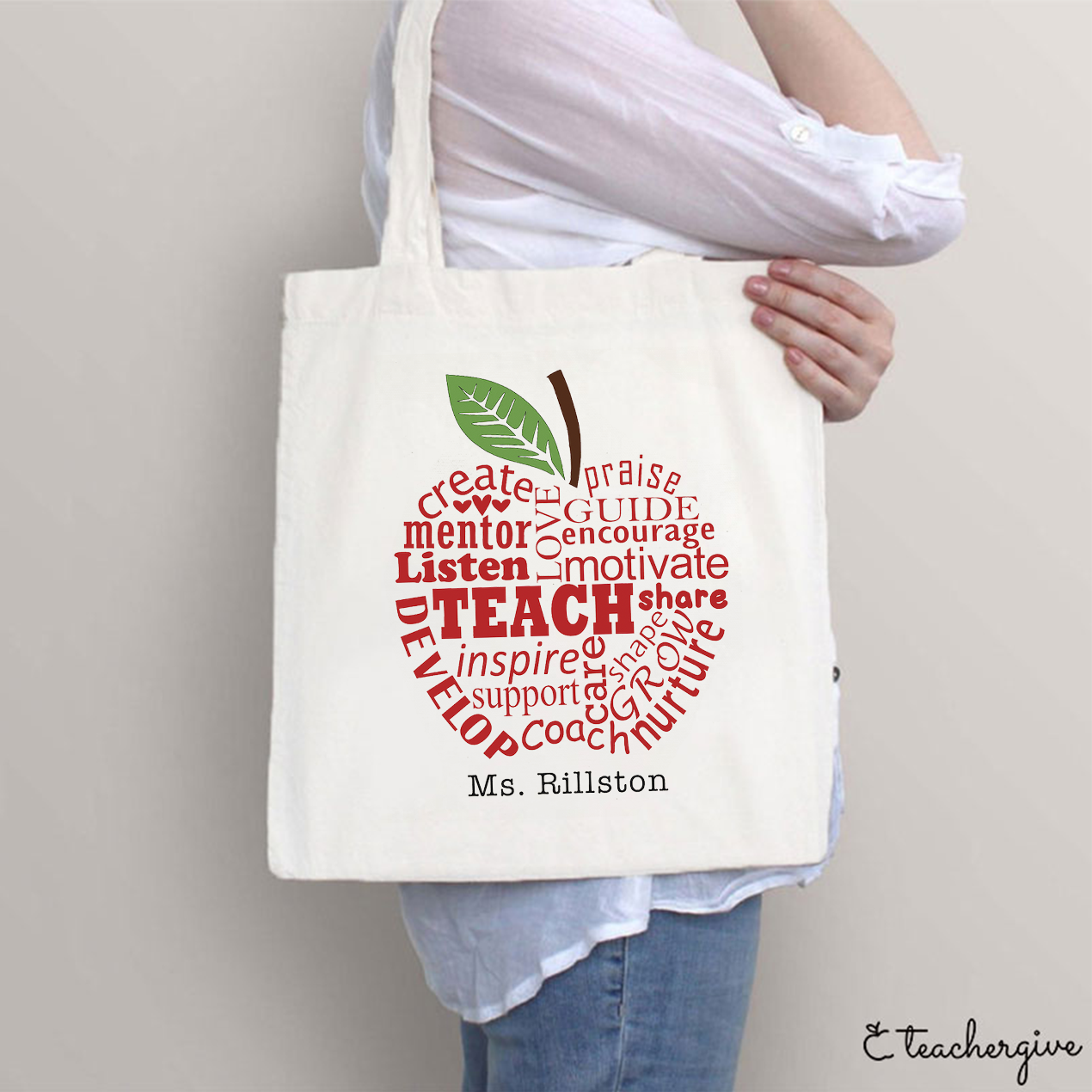 Personalized Apple-Shaped Teach Love Create Mentor Listen Teacher Tote Bag