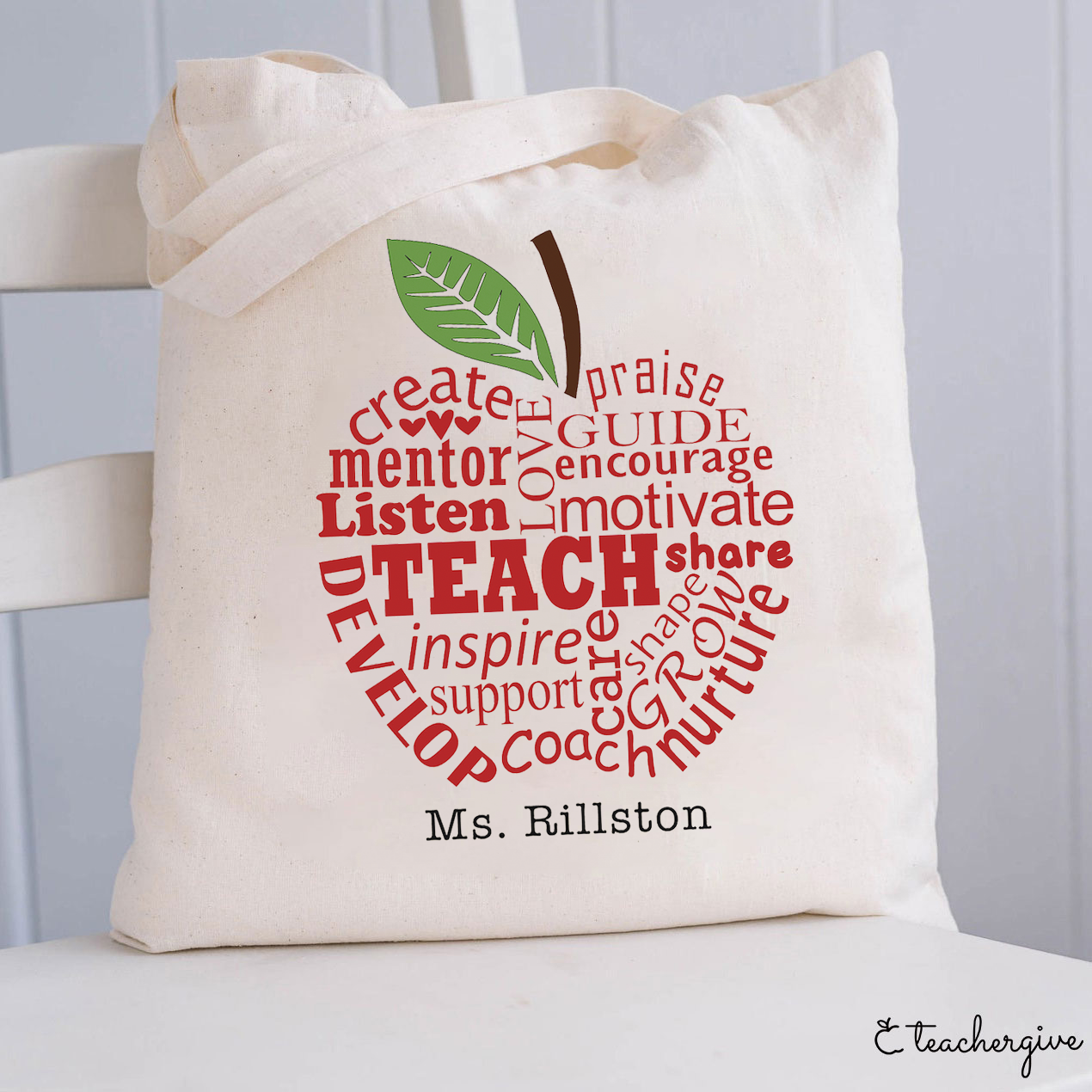 Personalized Apple-Shaped Teach Love Create Mentor Listen Teacher Tote Bag