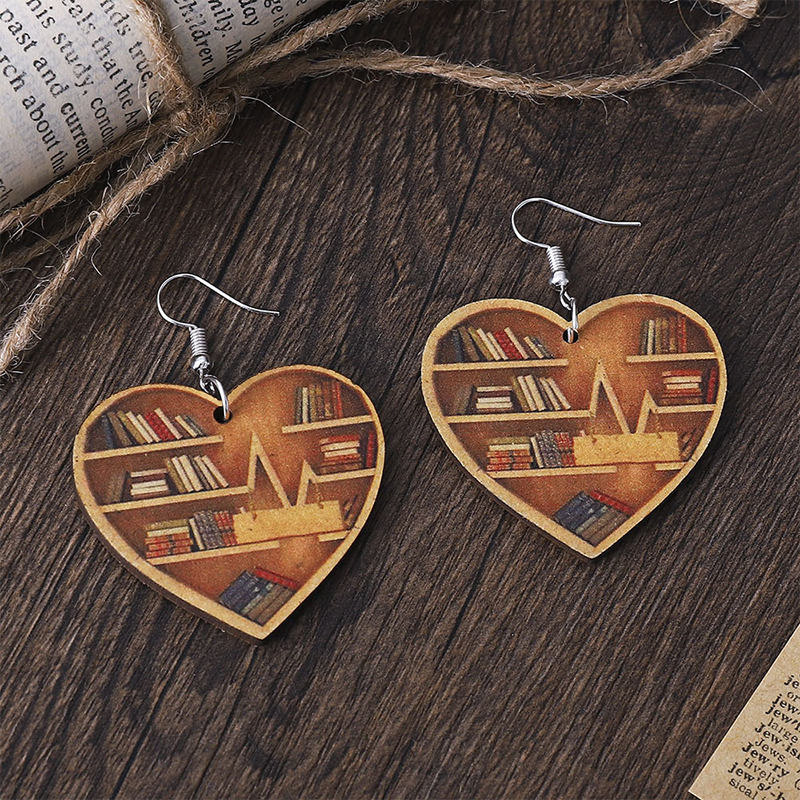 Heart-Shaped Double-Sided Bookshelf Teachers Wooden Earrings