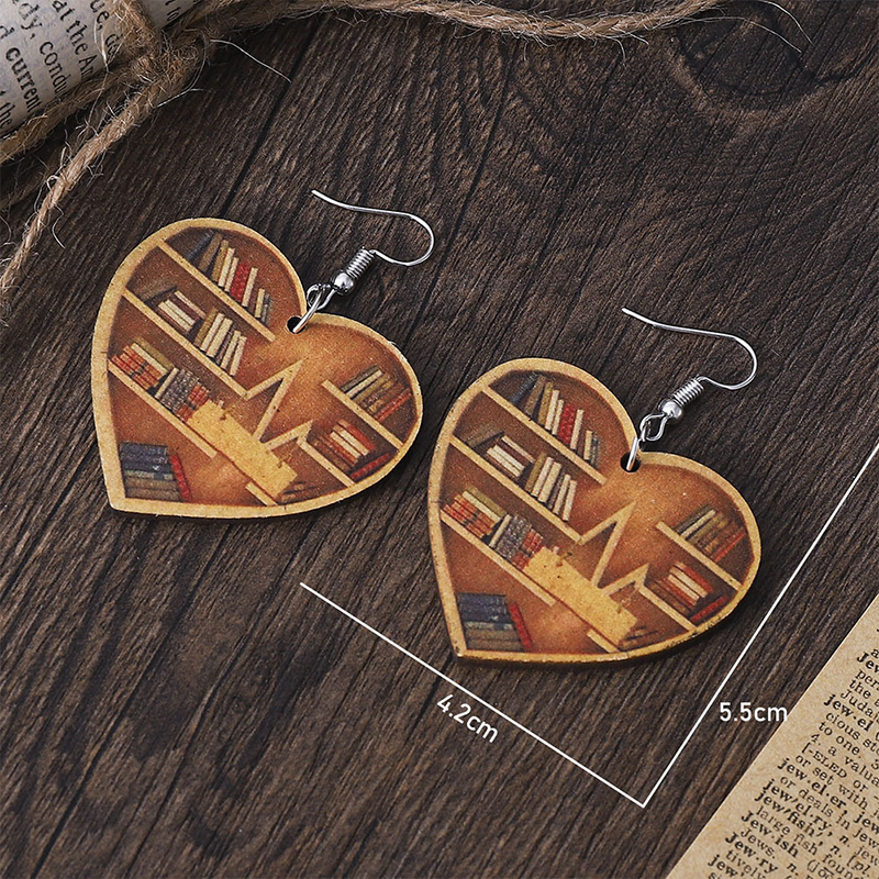 Heart-Shaped Double-Sided Bookshelf Teachers Wooden Earrings
