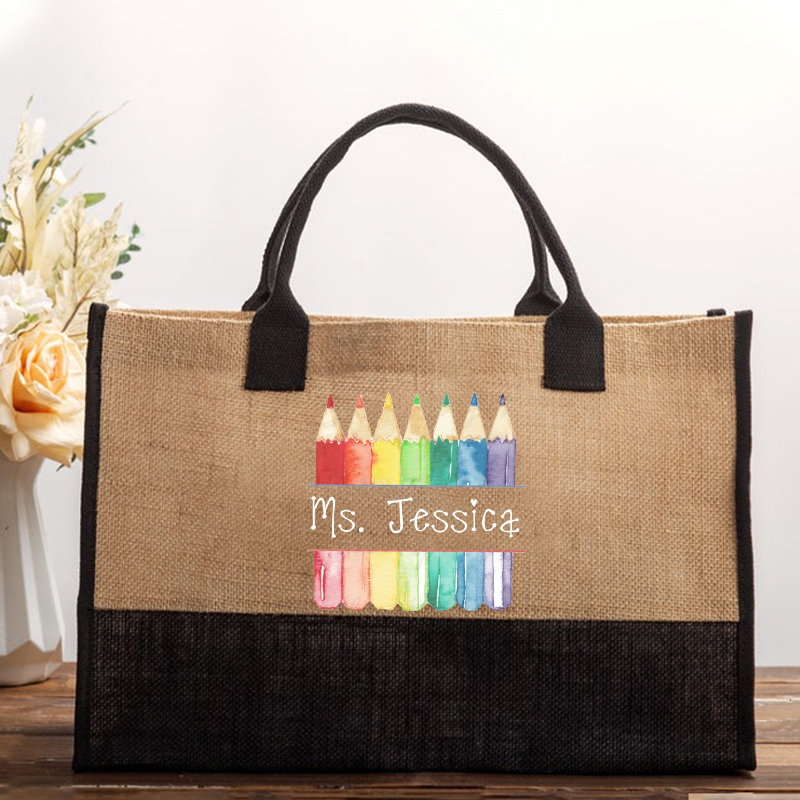 Personalized Teacher Letter Colorful Pencils Teacher Cotton Tote Bag
