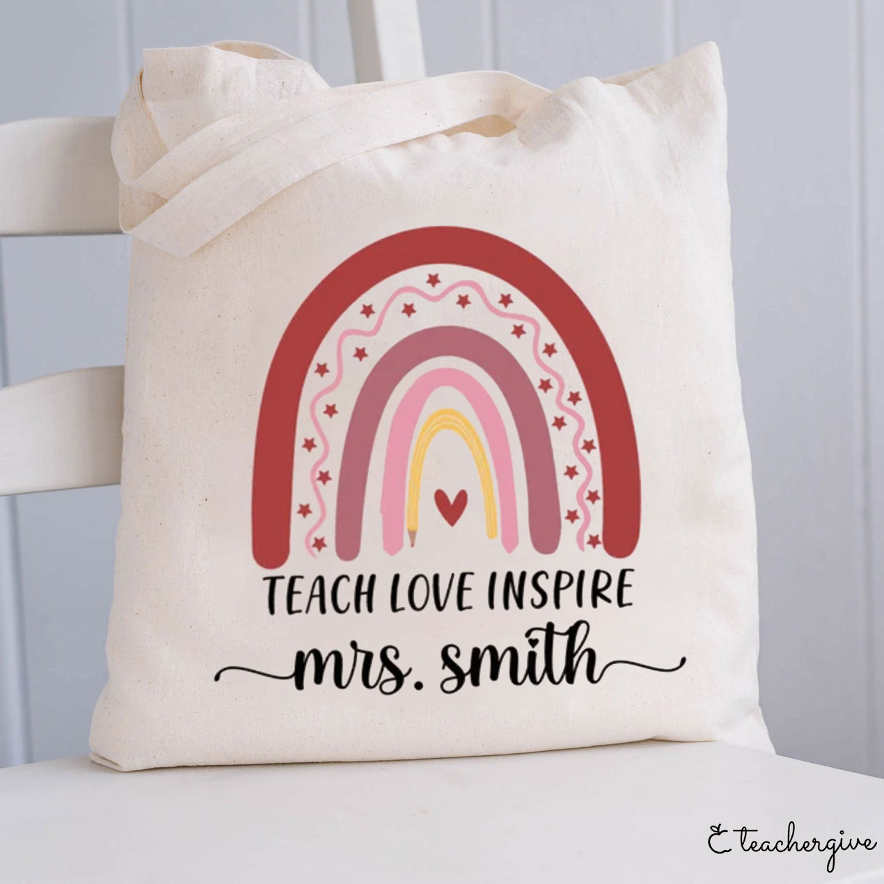 Personalized Teach Love Inspire  Pink Rainbow Teacher Tote Bag