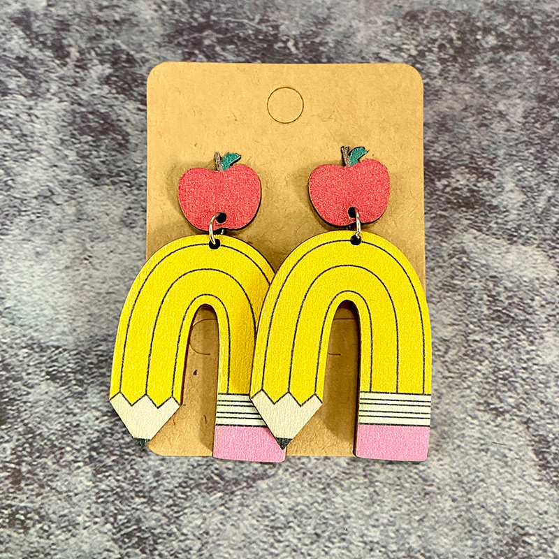 Apple And Pencil Teacher Wooden Earrings