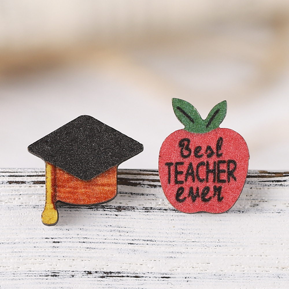 Apple And Mortarboard Pencil Books Teacher Wooden Earrings
