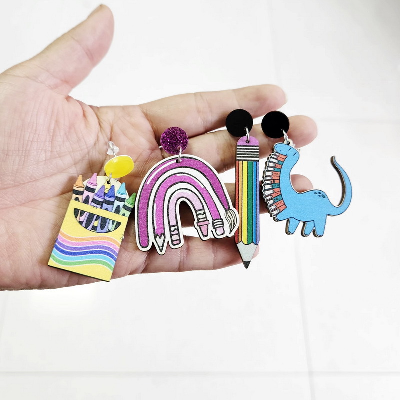 Dinosaur And Books Teacher Wooden Earrings