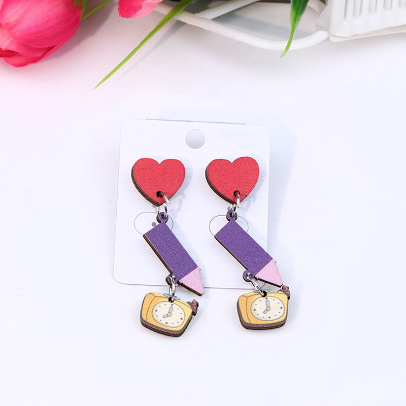 Red Heart And Clock Wooden Earrings