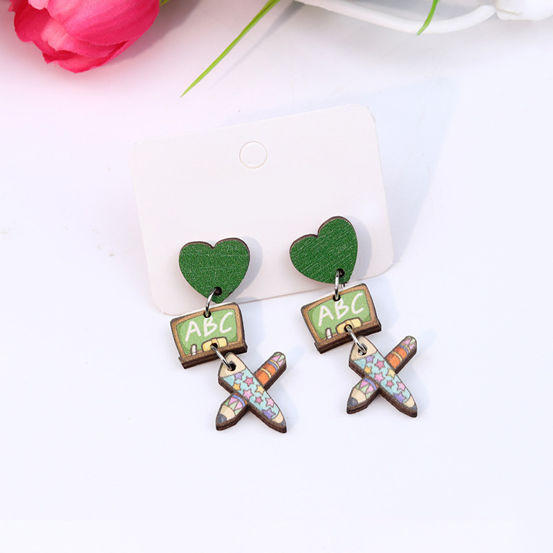 Green And Star Pencil Wooden Earrings