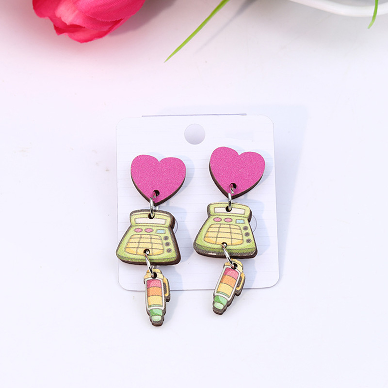 Pink Heart And Pen Wooden Earrings