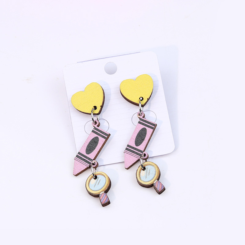 Yellow Heart And Crayon Wooden Earrings